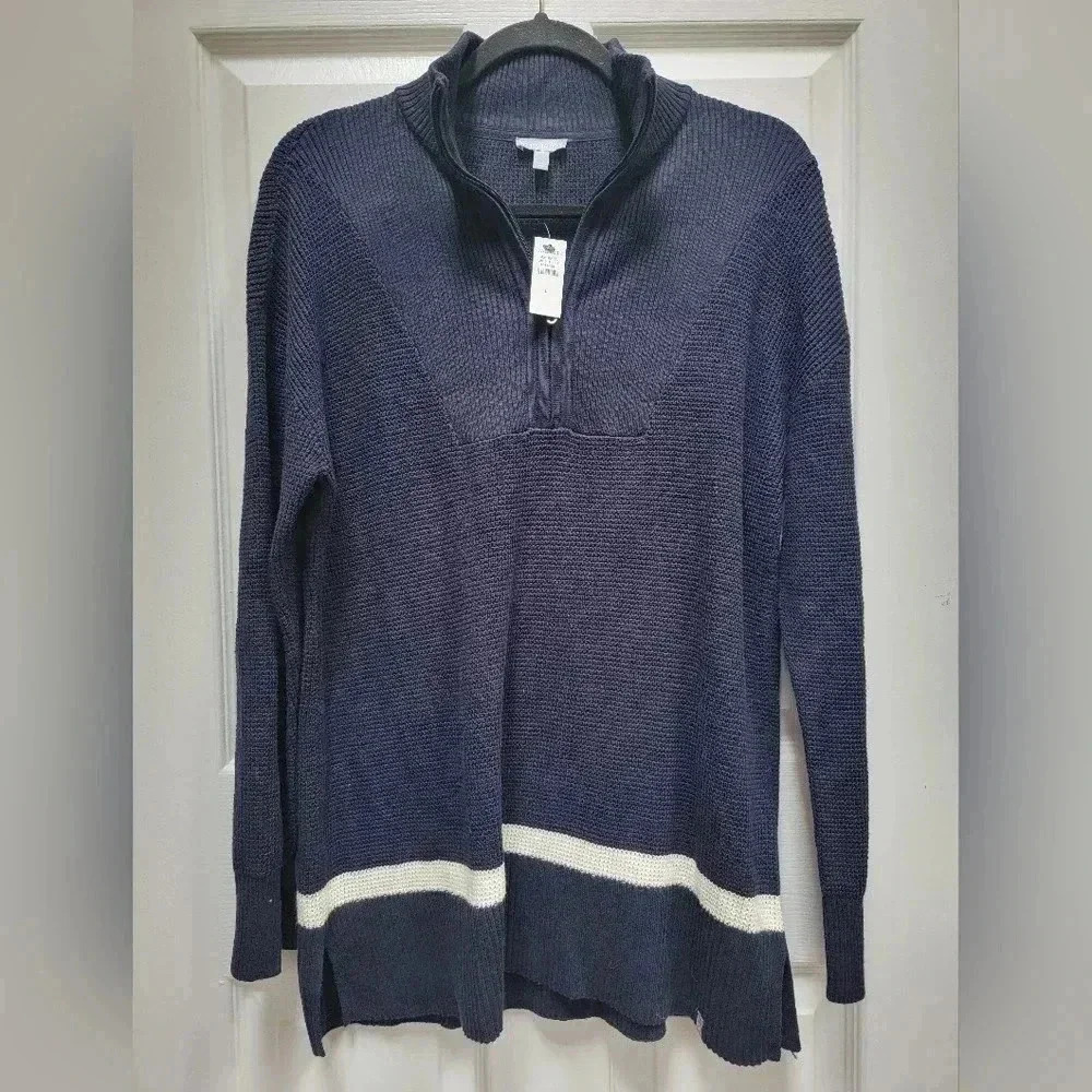 T by Talbots Women's Pullover 1/2 Zip Up Navy Blue Ribbed Sweater Size Large NWT